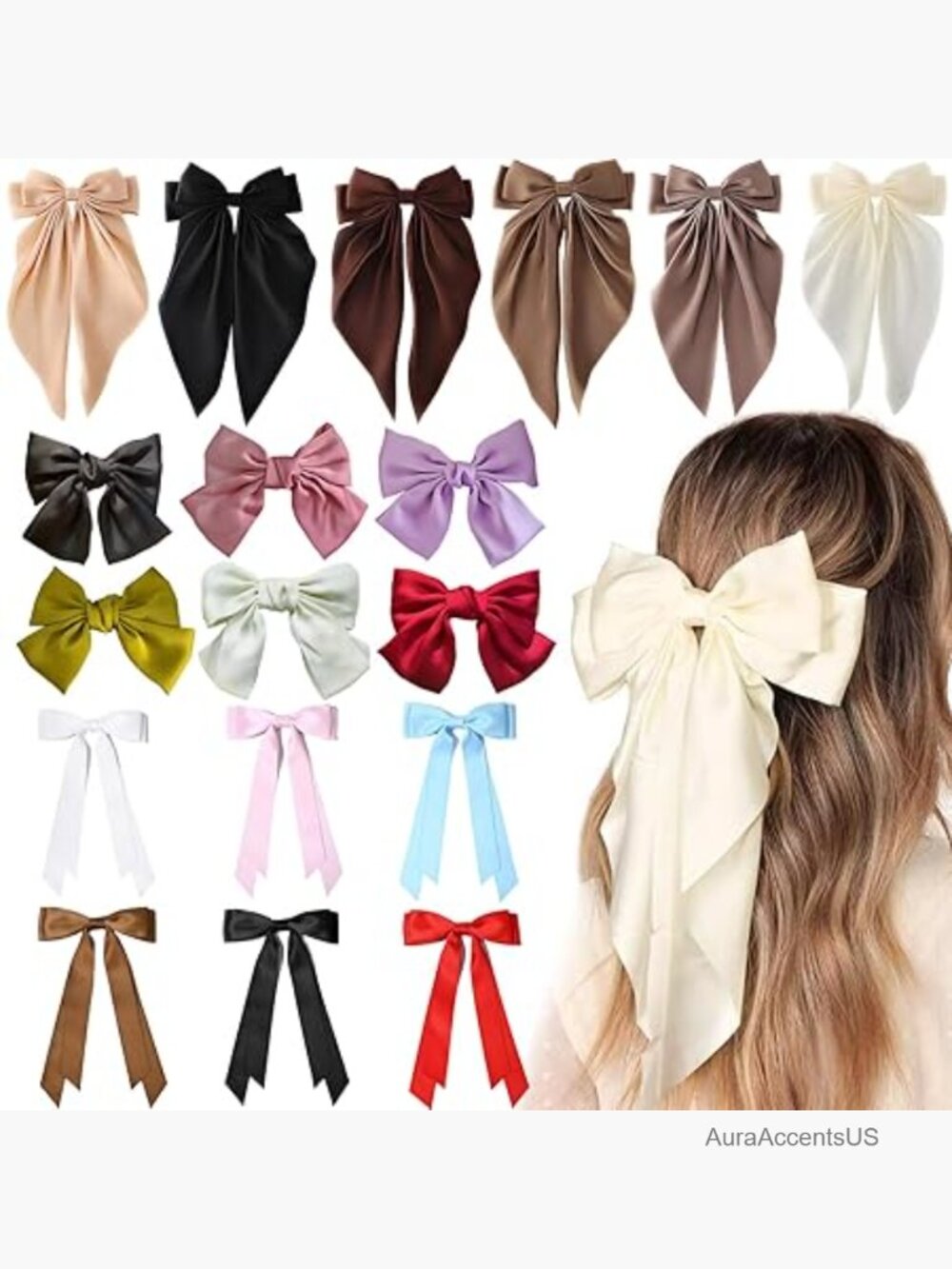 18 Satin Hair Bows Set Large Medium Small Metallic Clips for All Hair Types